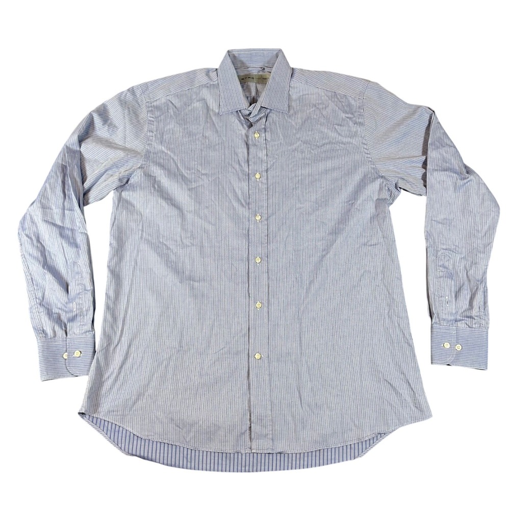 Etro Milano Mens Striped Button Down Shirt Blue White Made in Italy Size 42 16.5
